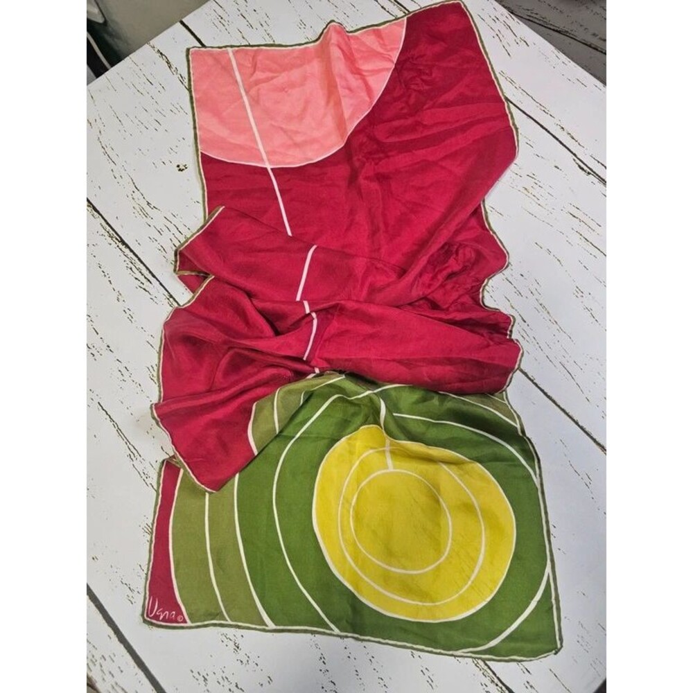 Vintage Vera Neumann Scarf 14x42 Mod Geometric Pink Green Yellow Vera Signed